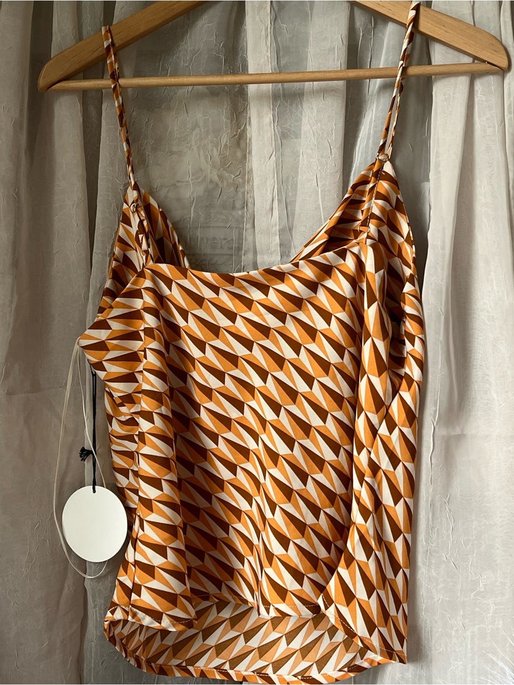 Geometric Rust & Cream Satin Cami Tank with Spaghetti Straps